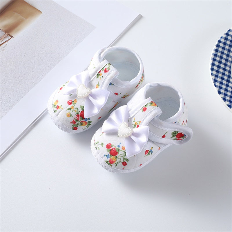 0-18months Baby Girls Flat Shoes Soft Sole Bowknot Flower Print Non-Slip Shoes For Infant Girls Indoor Outdoor First Walkers