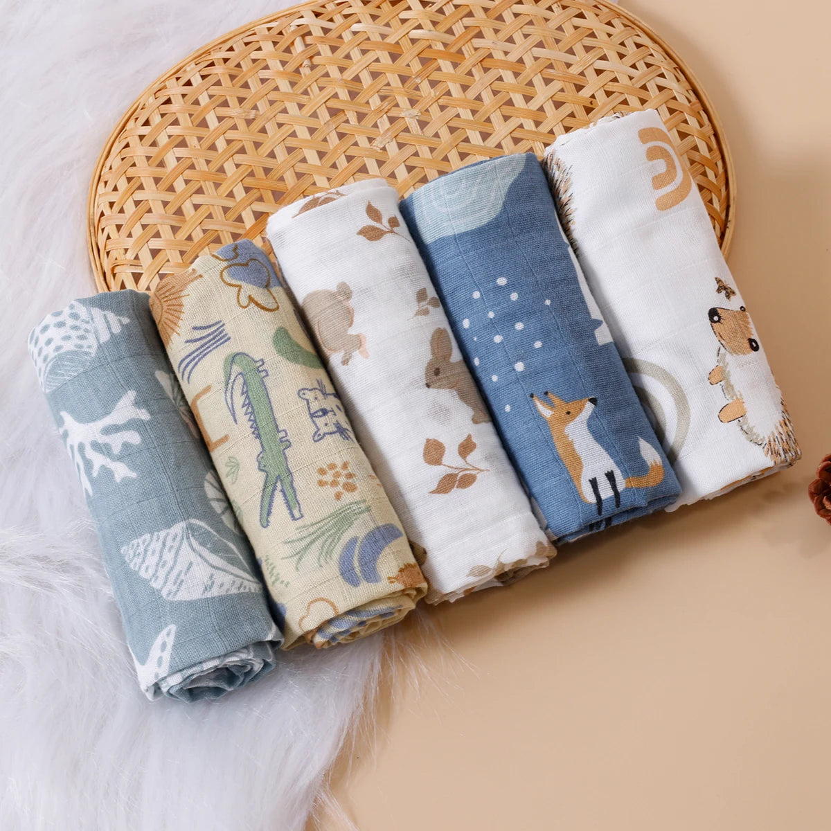 HappyFlute New Print 5Pcs/set 60*60CM Soft Muslin Swaddle Feeding Burp Cloth Newborn Pure Cotton Baby Face&Hand Wash Wipe